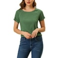 thumbnail image 5 of INSPIRE CHIC Women's Round Neck Short Raglan Sleeves Side Slit Chambray Blouse S Green, 5 of 7