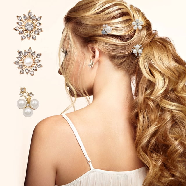 2 Pieces Hairpin Headdress Flat Back Non-perforated Design Shiny Rhinestones Beautiful Pearl Flower Buckle for Dancing Party Type 8