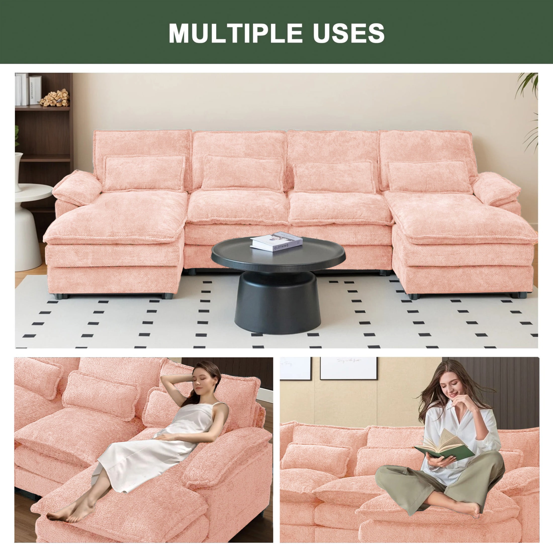 SOULART 110" Cloud Sofa,Pink U shaped Sectional couches for living room, modular couch with Chaise