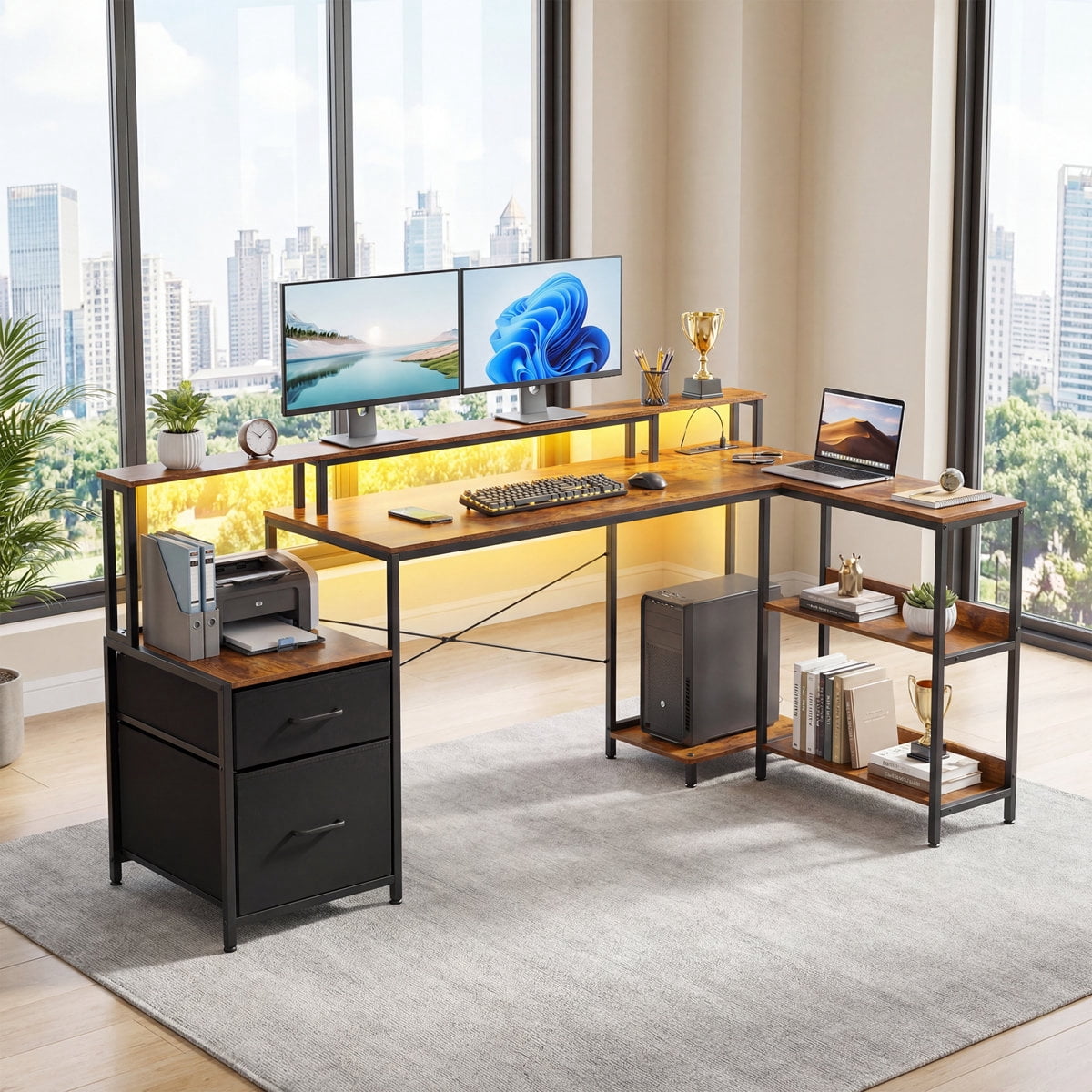 JIOABL Reversible L-Shaped Office Desk with Power Outlet, LED Light, Storage Drawer & Bookshelf, Rust