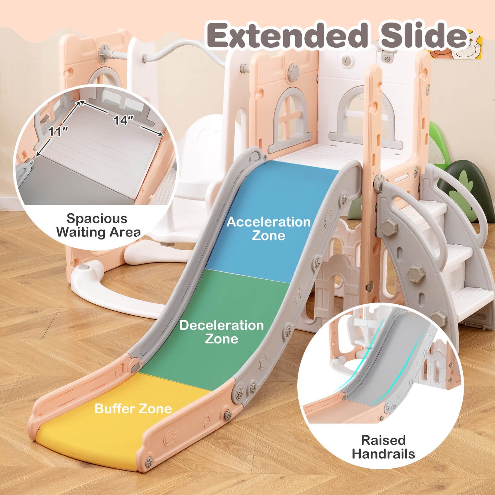 Costway 7-in-1 Toddler Slide & Swing Set Indoor Playground for Kids Age 1-3 Years Old Pink+Gray