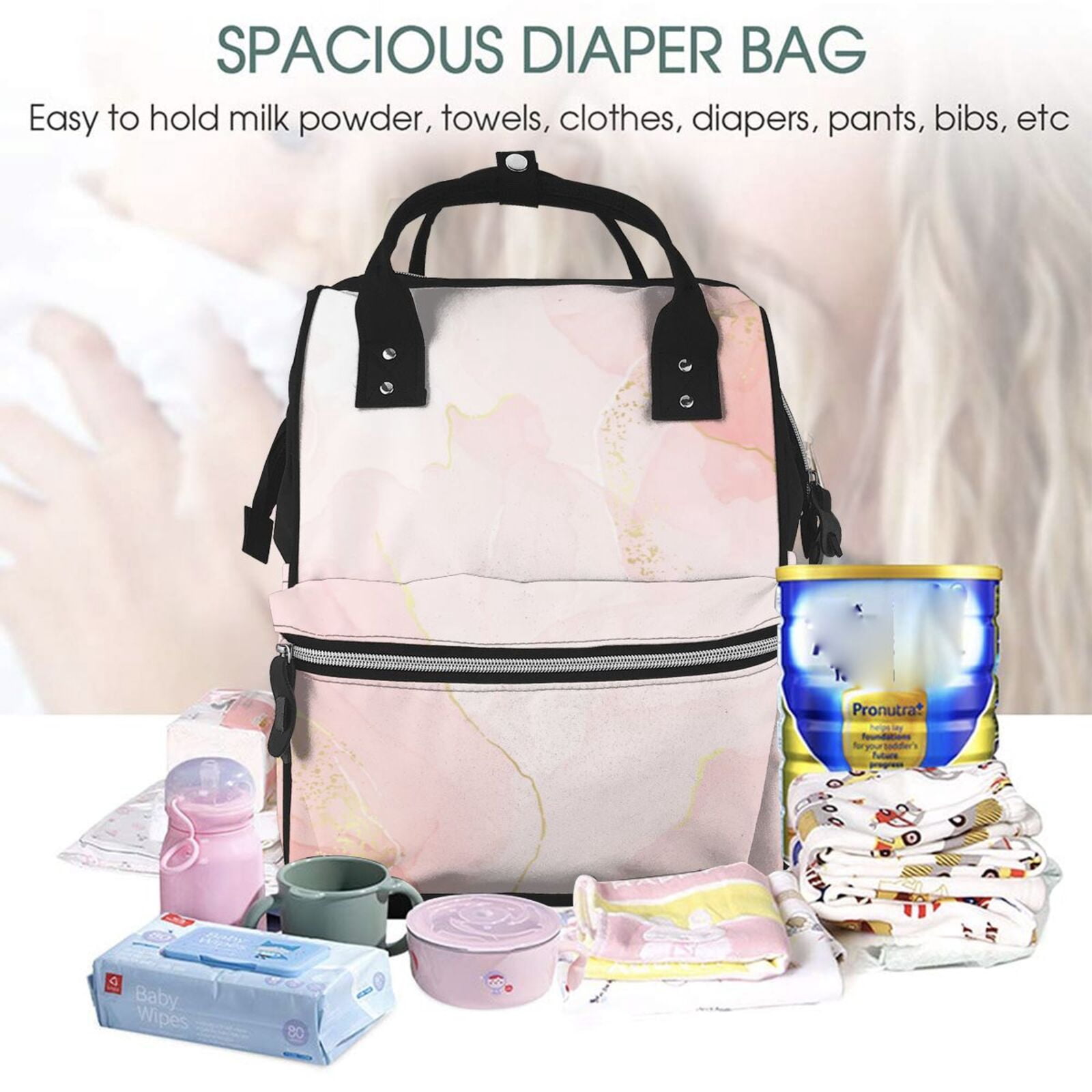 Ratiio Marble Mummy Backpack - Waterproof Twill Canvas, Large Capacity Diaper Bag with Multiple Pockets and Adjustable Straps