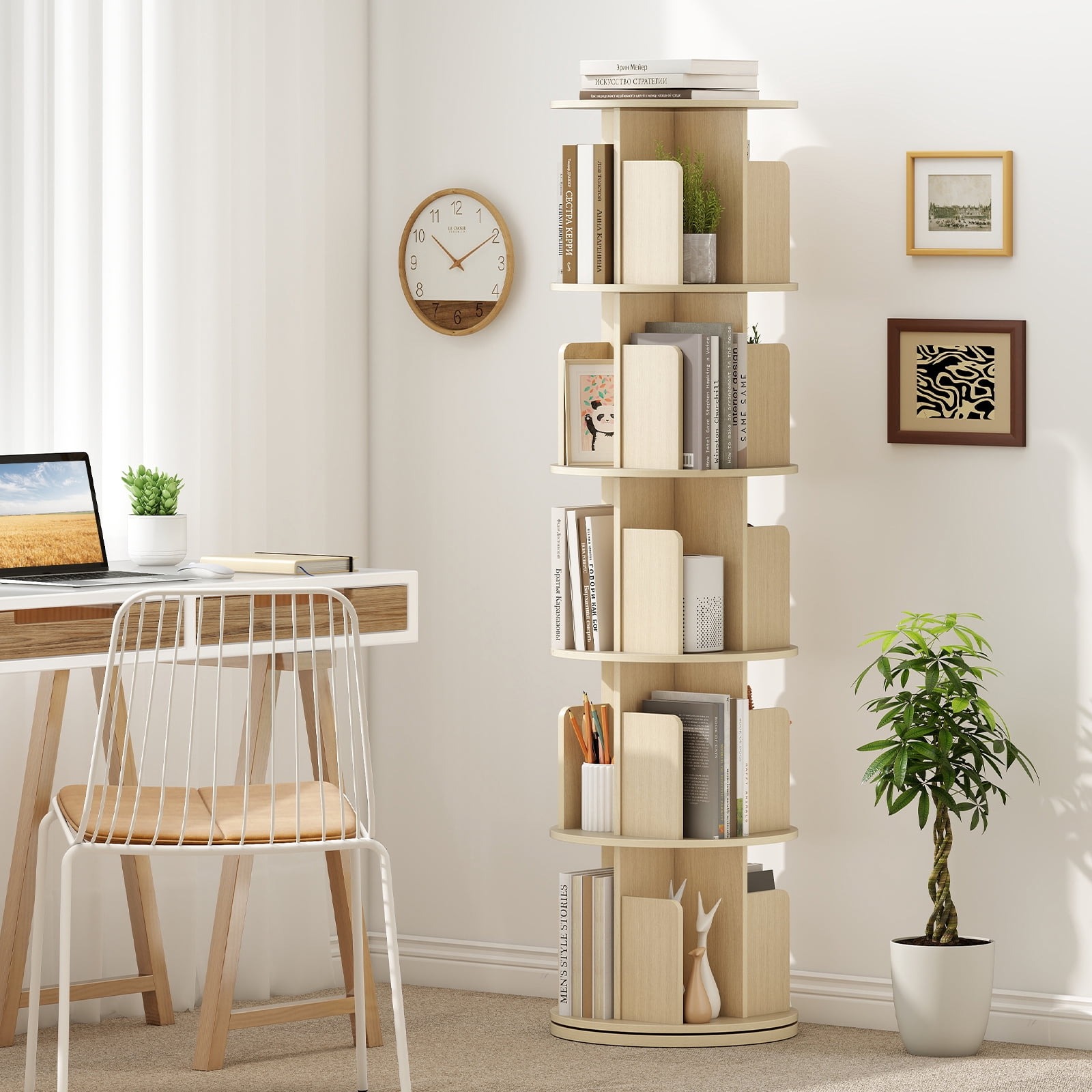Costway 1 PCS 5-Tier Rotating Bookshelf 360° Display Rack with Dividers & Anti-falling Baffles Natural
