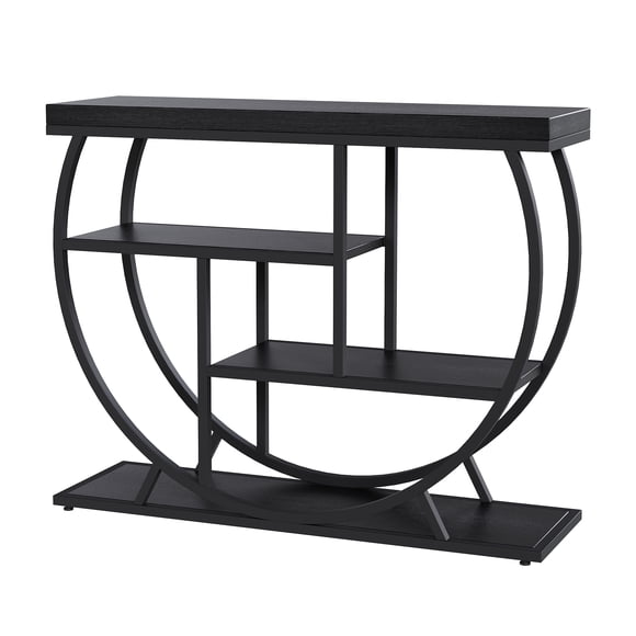 Mesa Consola Industrial Farmhouse de 4 Niveles - Estructura Metálica Geométrica con Estantes Abiertos de Almacenamiento - Ideal para Recibidor, Pasillo, Sala o Detrás del Sofá - Acabado Madera Negra