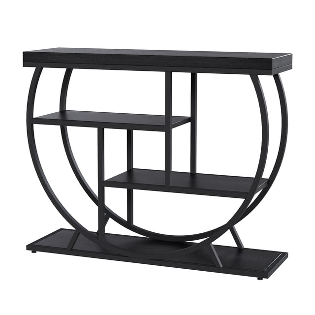 Mesa Consola Industrial Farmhouse de 4 Niveles - Estructura Metálica Geométrica con Estantes Abiertos de Almacenamiento - Ideal para Recibidor, Pasillo, Sala o Detrás del Sofá - Acabado Madera Negra