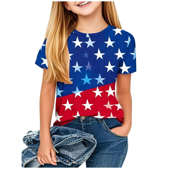 Kids Girls Casual Patriotic Tshirts Cotton Baseball Tee Shirts Independence Day USA Flag Graphic Tees Summer Blue， 5 Years