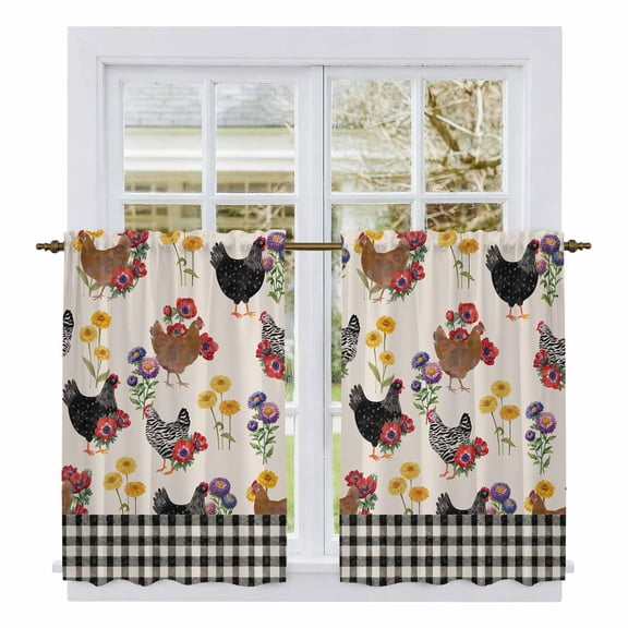 Farmhouse Rooster Kitchen Curtains 45 Inch Length, Vintage Watercolor Flowers Black Plaid Tiers Curtains for Bathroom Bedroom Cafe, Light Filtering Small Window Treatment Drapes 2 Panels 42"Wx45"L