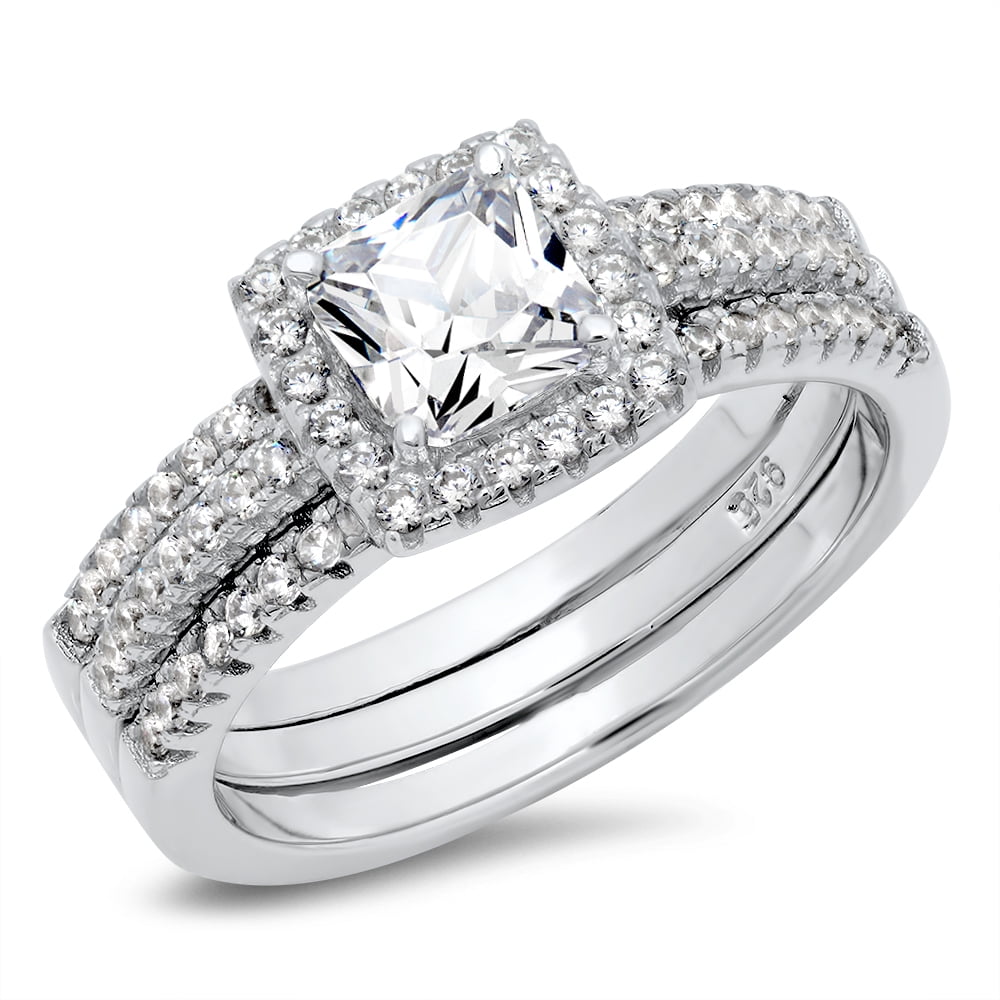 Sz 7 Sterling Silver Cushion Cubic Zirconia CZ 2Pc Halo Wedding Engagement Ring Insert Set