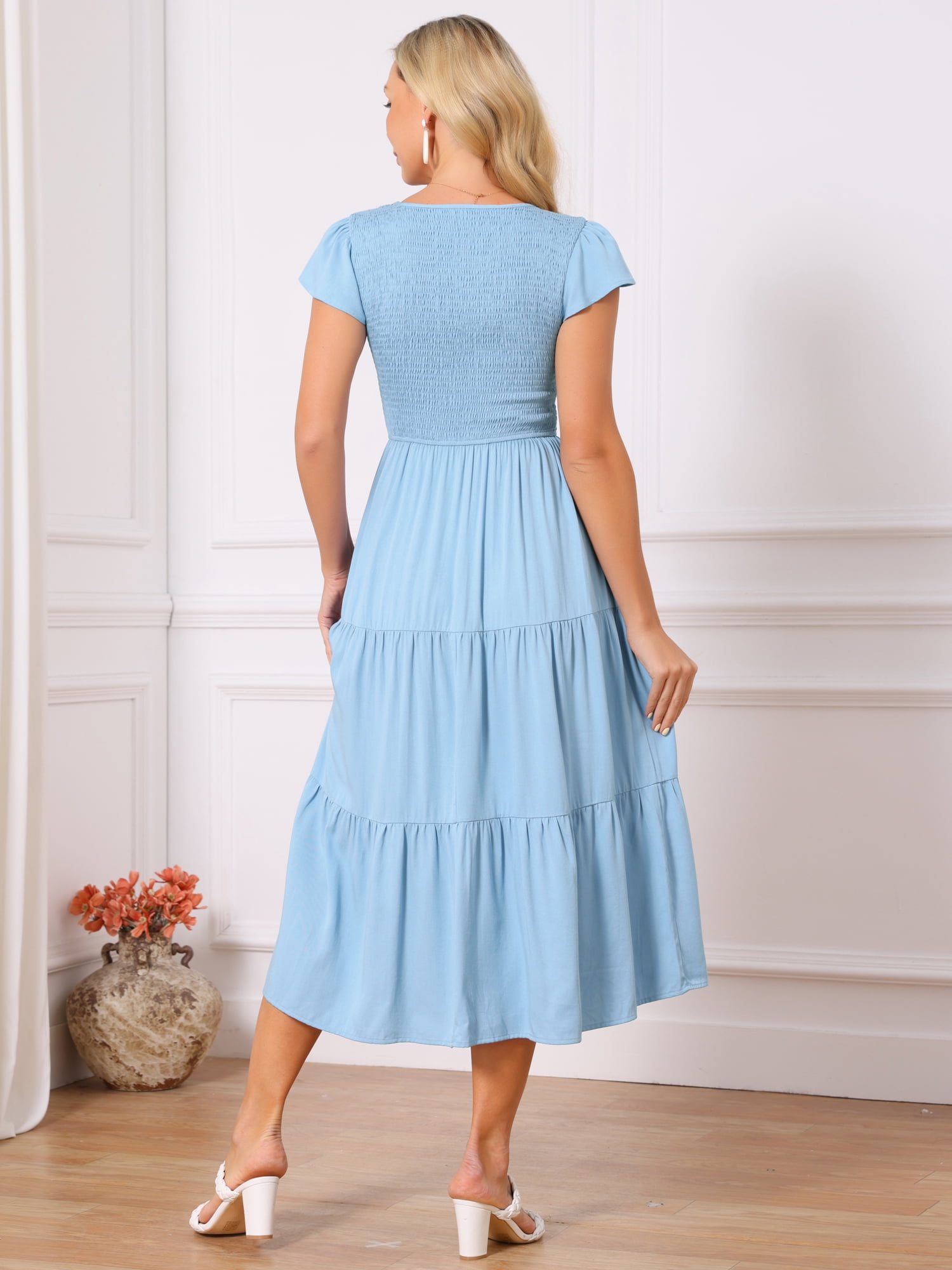 DARING DIVA Women's Smocked Flutter Sleeve V Neck Midi Dresses L Light Blue
