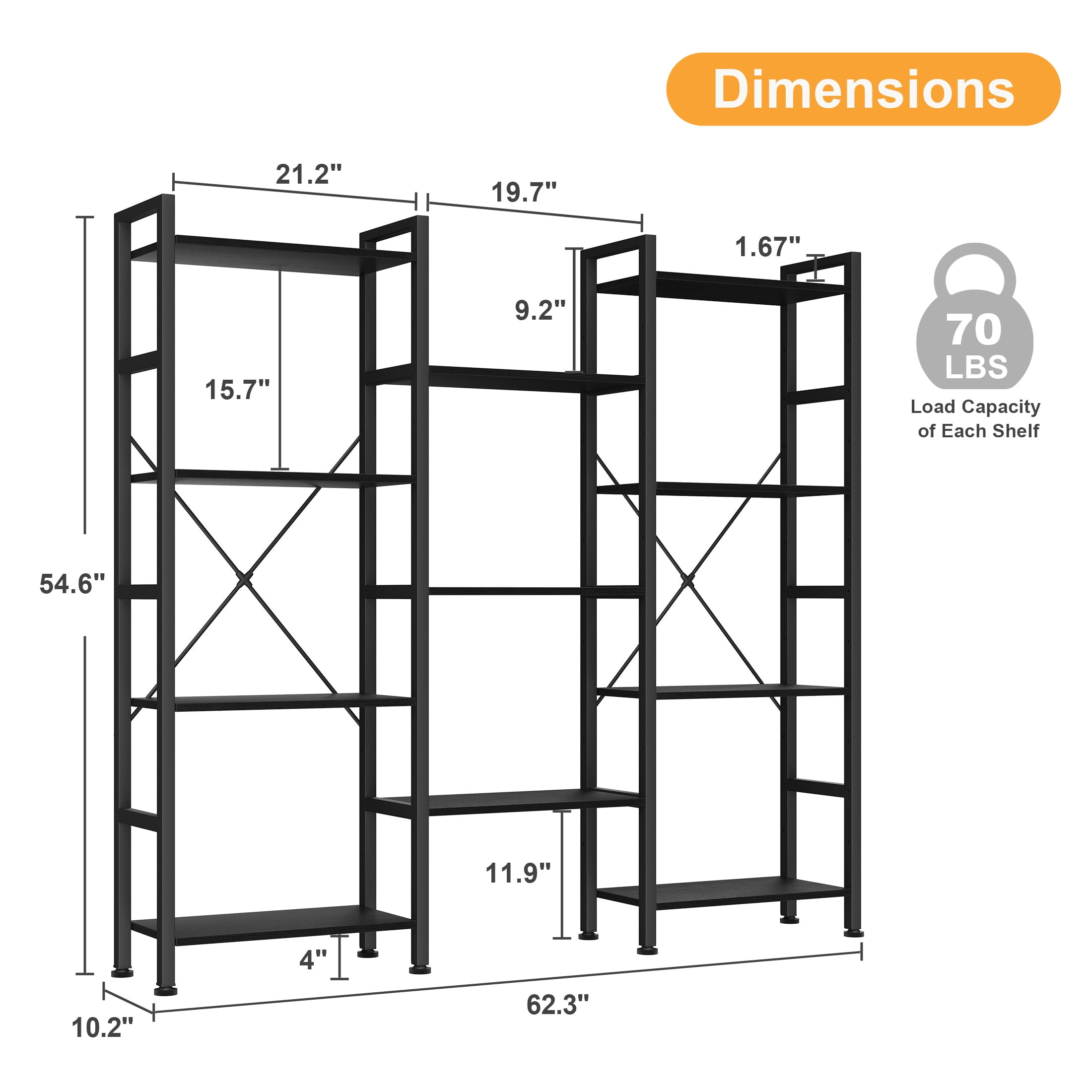 EDX Triple 4 Tier Bookshelf Storage Shelf, Modern Freestanding Bookcase with Metal Frame, Open Display Shelves, Space Saving Storage Organizer, Black