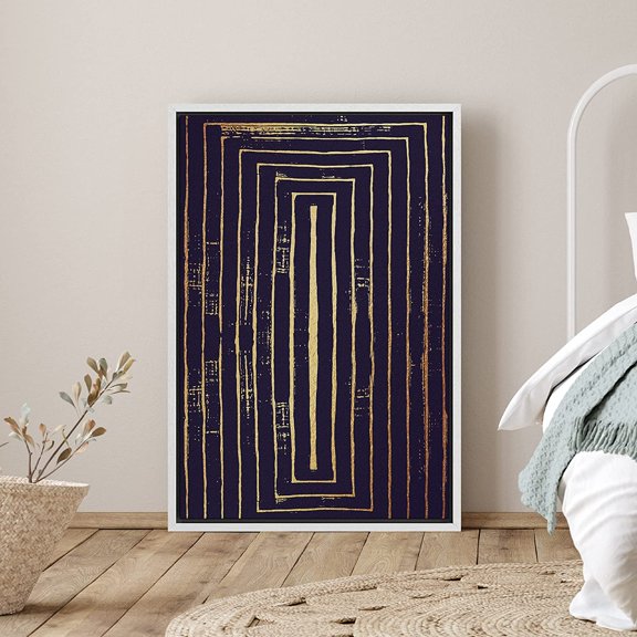 PixonSign Framed Canvas Print Wall Art Black and Gold Rectangular Maze Pattern Abstract Shapes Illustrations Minimalism Modern Closeup Dramatic Dark for Living Room, Bedroom, Office - 24"x36" White