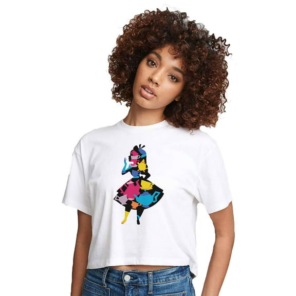 Alice In Wonderland - Teacup Silhouette - Juniors Cropped Cotton Blend T-Shirt