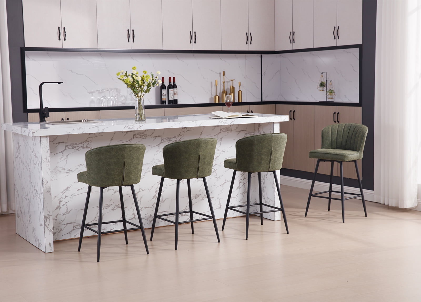 Guyou 26” Counter Height Bar Stools Set of 2, Modern PU Upholstered Kitchen Island Chairs, Barstools with Back and Footrest for Kitchen Island Pub Restaurant, Green