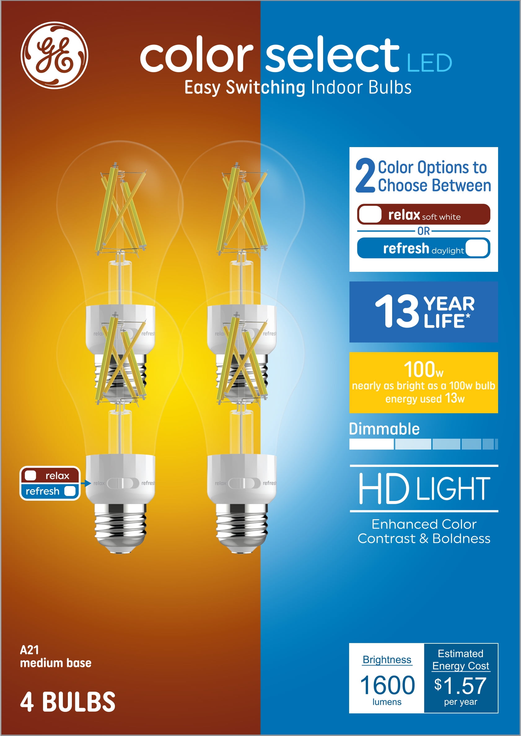 GE Color Select LED Light Bulbs, 100 Watt Eqv, Soft White or Daylight, A21 General Purpose, 13 year, 4pk