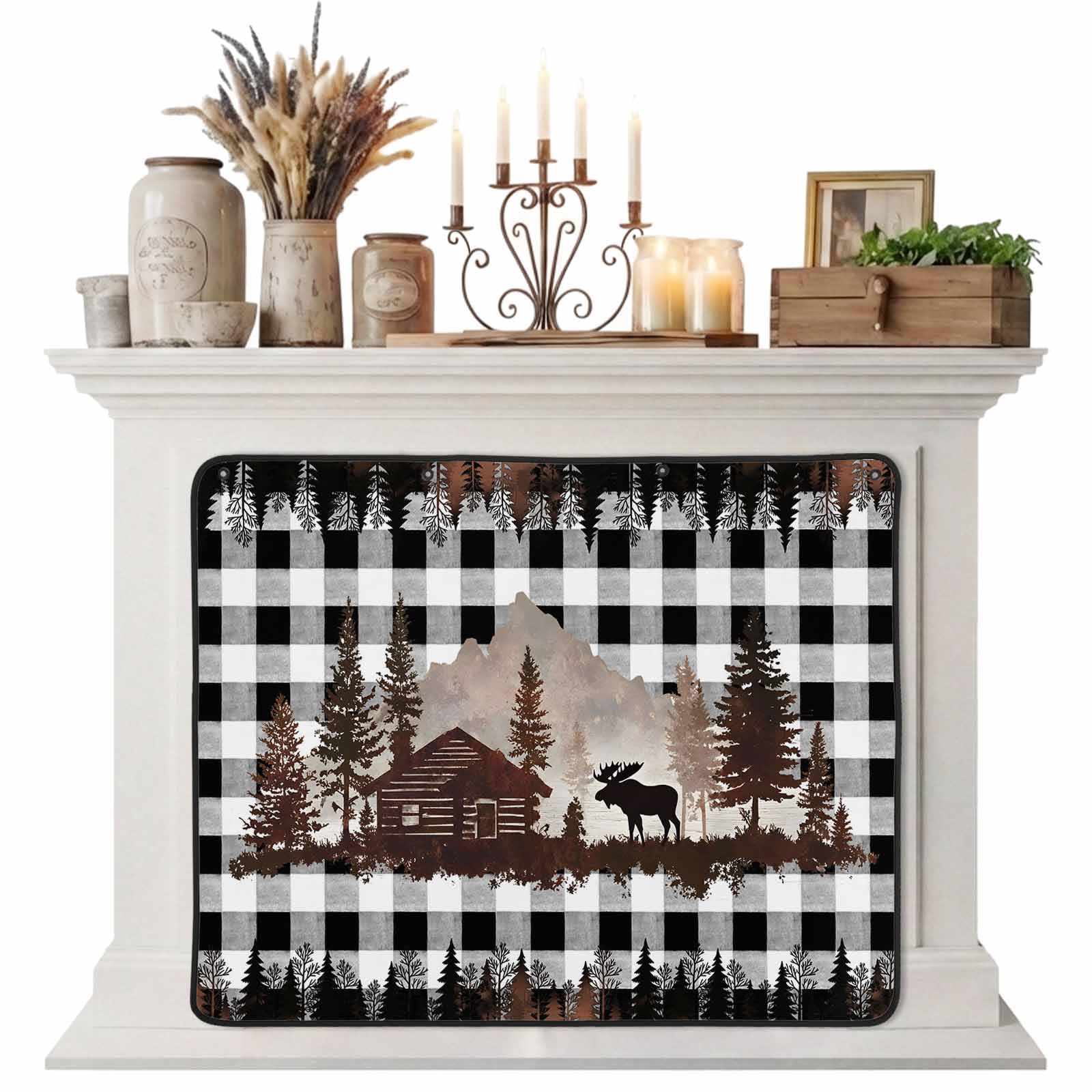 Magnetic Fireplace Cover Forest Moose Fireplace Screen Cabin Animal Pine Tree Woodland Plaid Insulation Fireplace Blocker Blanket Save Energy Fireplace Draft Stopper Covers for Living Room 36x30