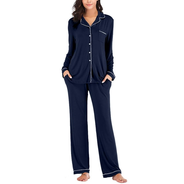 Women's Two-piece Classic Knit Pajama Set Long Sleeve Button Down Pyjama Navy Blue M