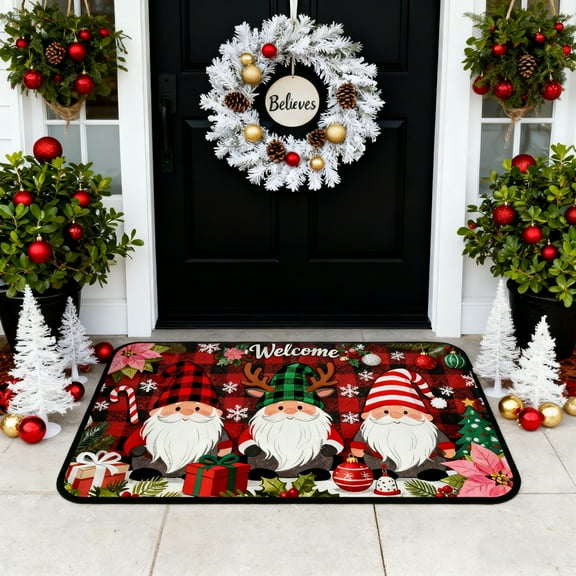 Christmas Elf Welcome Floor Mat 20x39 Inch,Festive Non-Slip Doormat for Front Door, Indoor Outdoor Holiday Rug