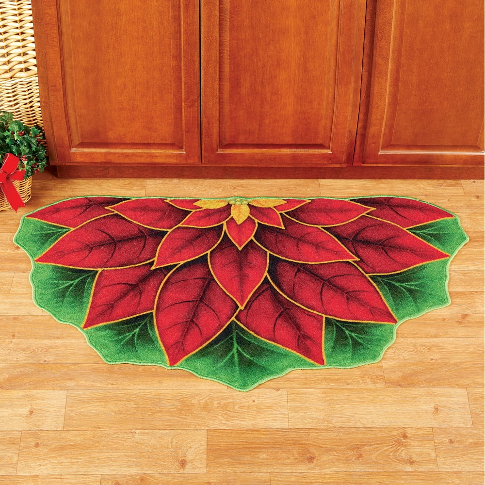 Cut Out Poinsettia Half Circle Accent Rug for Kitchen, Entryway