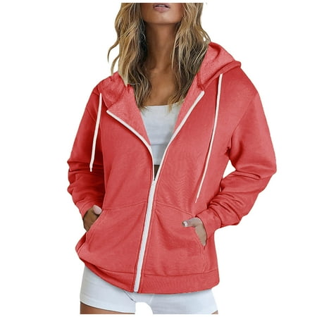 Full Zip-up Jackets with Pockets for Women Cotton Fleece Plain Hoodie Outwear Drawstring Hooded Sweatshirt Coat (X-Large  Watermelon Red)