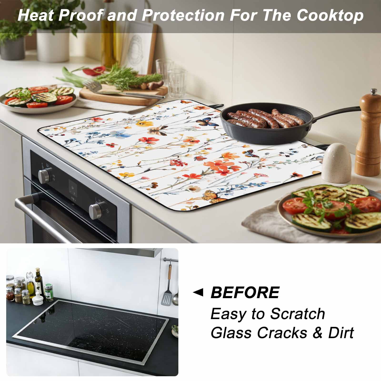 Elegant Spring Floral Stove Top Cover for Electric Stove, Heat-proof & Non Slip Glass Top Stove Cover Protector, Watercolor Botanical Butterfly Kitchen Flat Cooktop Rubber Mat 24x21 Inches