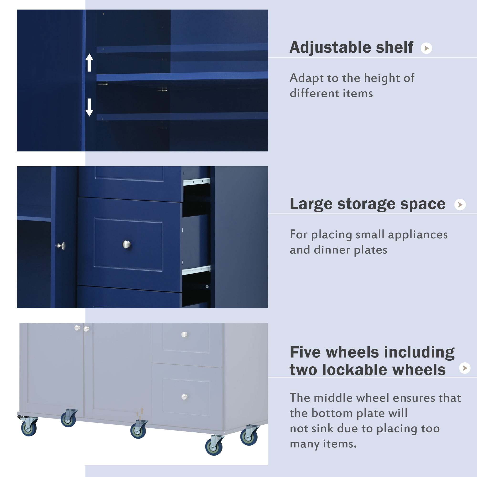DEALTOPS Rolling Kitchen Islands with Storage Cabinets, Solid Wood Blue, 52.76 in