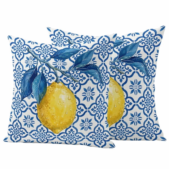 Outdoor Pillow Covers Waterproof, Yellow Lemon Decorative Square Throw Pillowcases Patio Cushion Covers for Tent/Garden, 16" x 16" 2 Pack, Summer Fruits Blue Floral Pattern