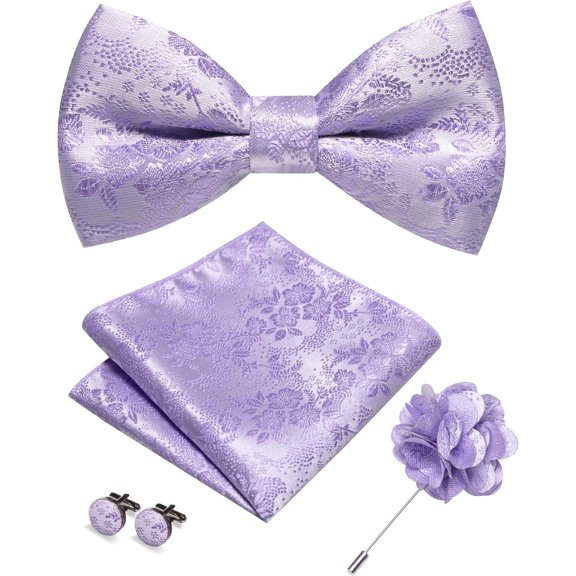 Floral Pre-tied Bow Tie and Pocket Square Cufflinks Lapel Pin Sets for Men 4 count
