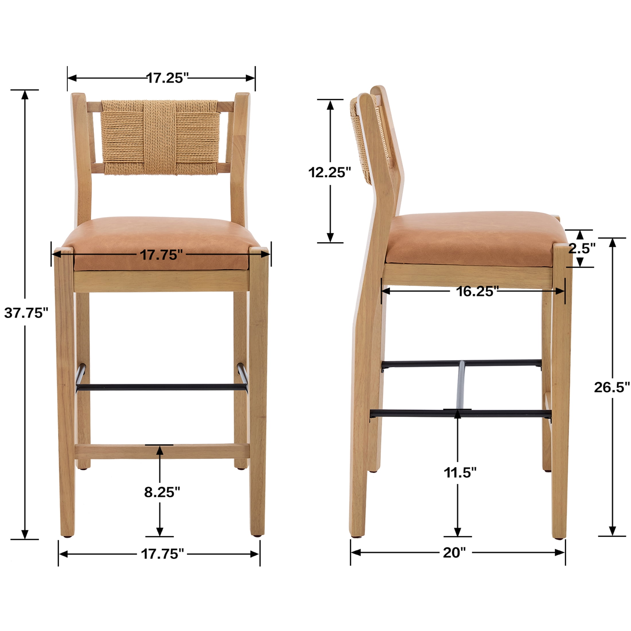 Guyou 26" Rattan Barstools Set of 2, Boho Solid Wood Counter Height Bar Stools, PU Upholstered Kitchen Island Chairs for Dining Room Bar, Brown