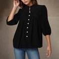 thumbnail image 2 of Dealovy Womens Tops Dressy 3/4 Puff Sleeve Solid Color Work Blouses Button down Crew Neck Business Casual Top, 2 of 9