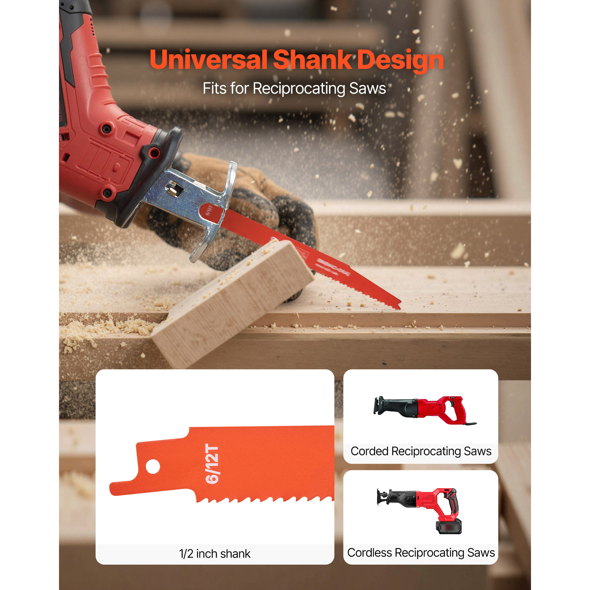 KFFKFF 25-Piece Bi-Metal Reciprocating Saw Blade Set, 6/12 TPI, Universal Shank, Designed for Quick and Precise Cuts in Wood and Nail-Embedded Wood, Ideal for Demolition Tasks, Orange