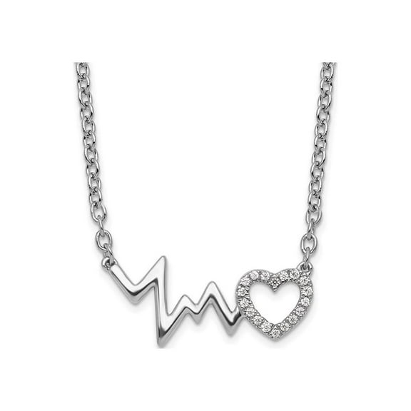 Heart and Heartbeat Necklace Pendant in Sterling Silver with Chain and Accent Diamonds