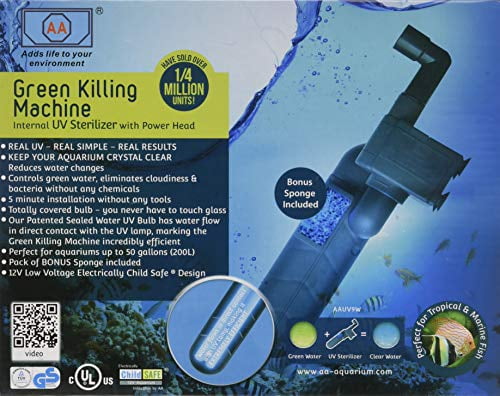 AA Aquarium Green Killing Machine 3 Watt Kills Algae Easy Submersible Installation and Waterborne Pathogens Bacteria Internal UV Sterilizer System with Power Head 