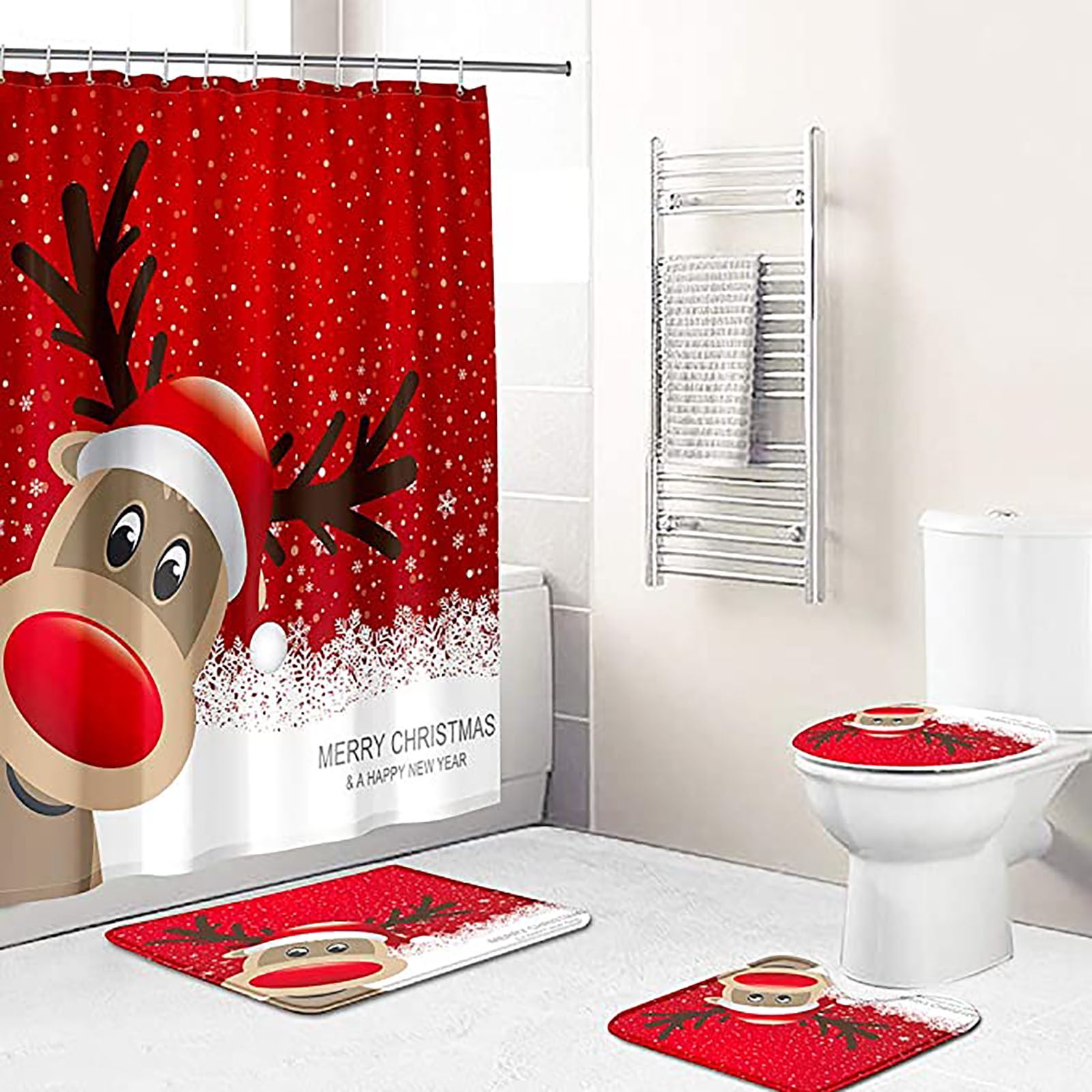 Modern Bathroom Christmas Shower Curtain & 3/4pcs Mat Set Toilet Cover Xmas Use 