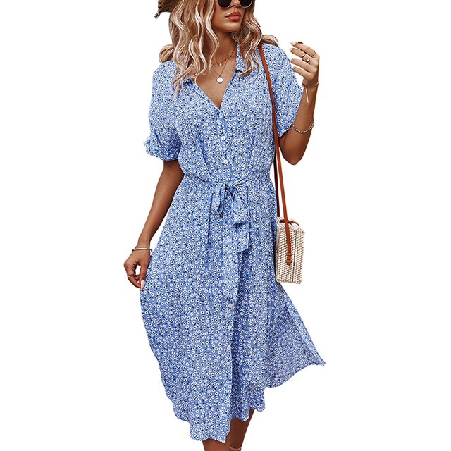 Femmes Robes Casual Manches Courtes Bouton Imprimé Floral vers le Bas V Cou Été Boho Midi Robe