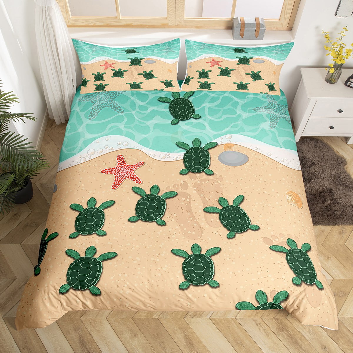 Green Sea Turtle Comforter Cover Ocean Beach Tropical Bedding Set for