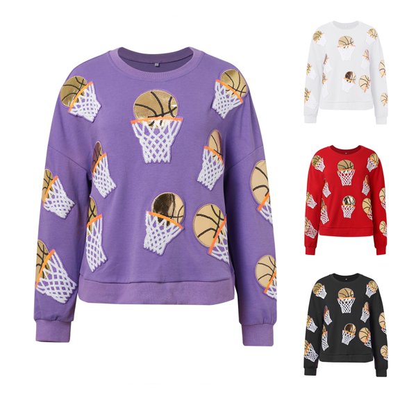 XINPING Womens Basketball Sequin Sweatshirt Casual Crewneck Oversized Baggy Long Sleeve Crewneck Pullover Fall Top