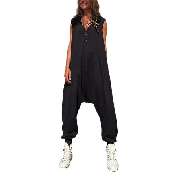 Overol de carga con botones, mono de verano, traje de calle de ajuste holgado (negro XL) Tmvgtek Para estrenar