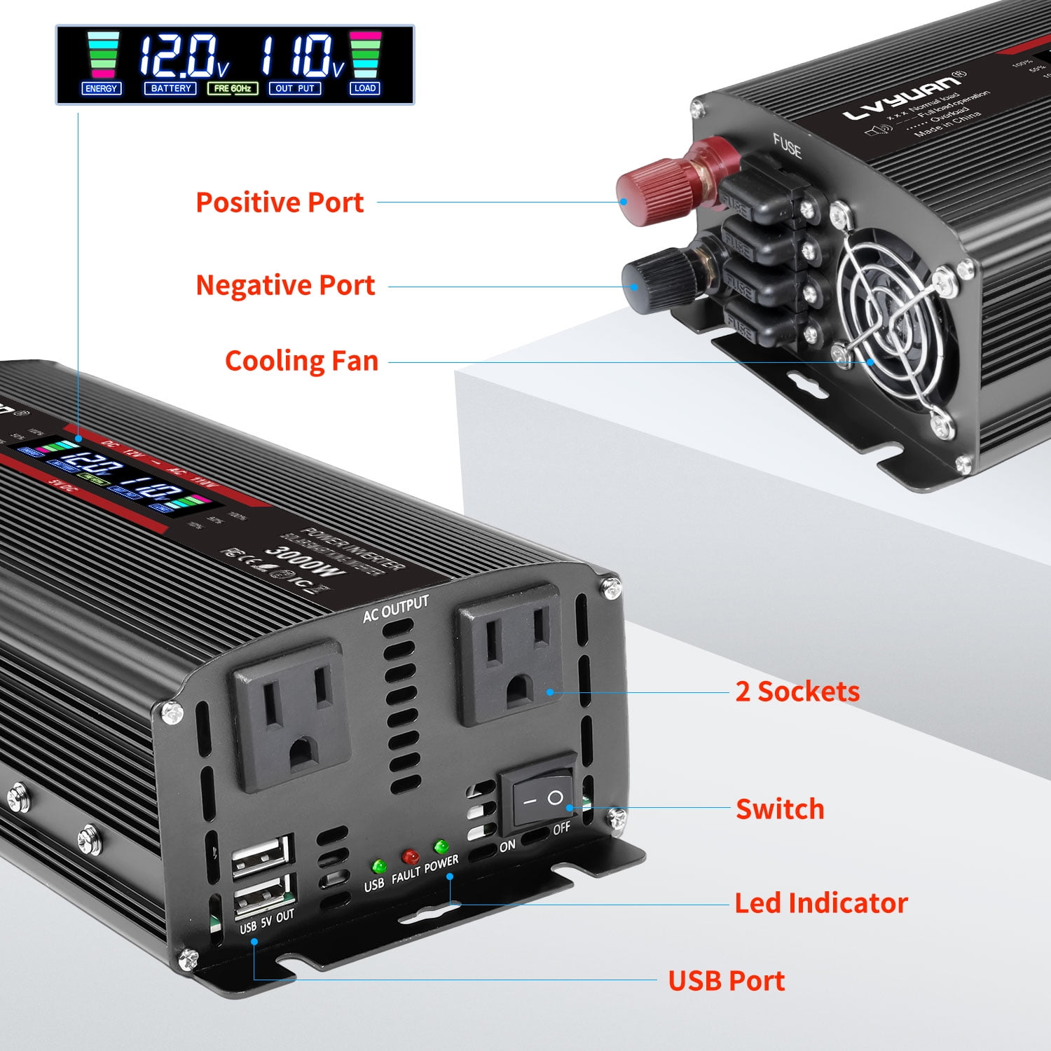 LVYUAN 1500W 3000W Peak Modified Sine Wave Power Inverter - DC 12V to 110V AC, Dual AC Outlets & Dual USB Ports, LCD Display, Black - Ideal for Car, RV, Camping & Home Backup