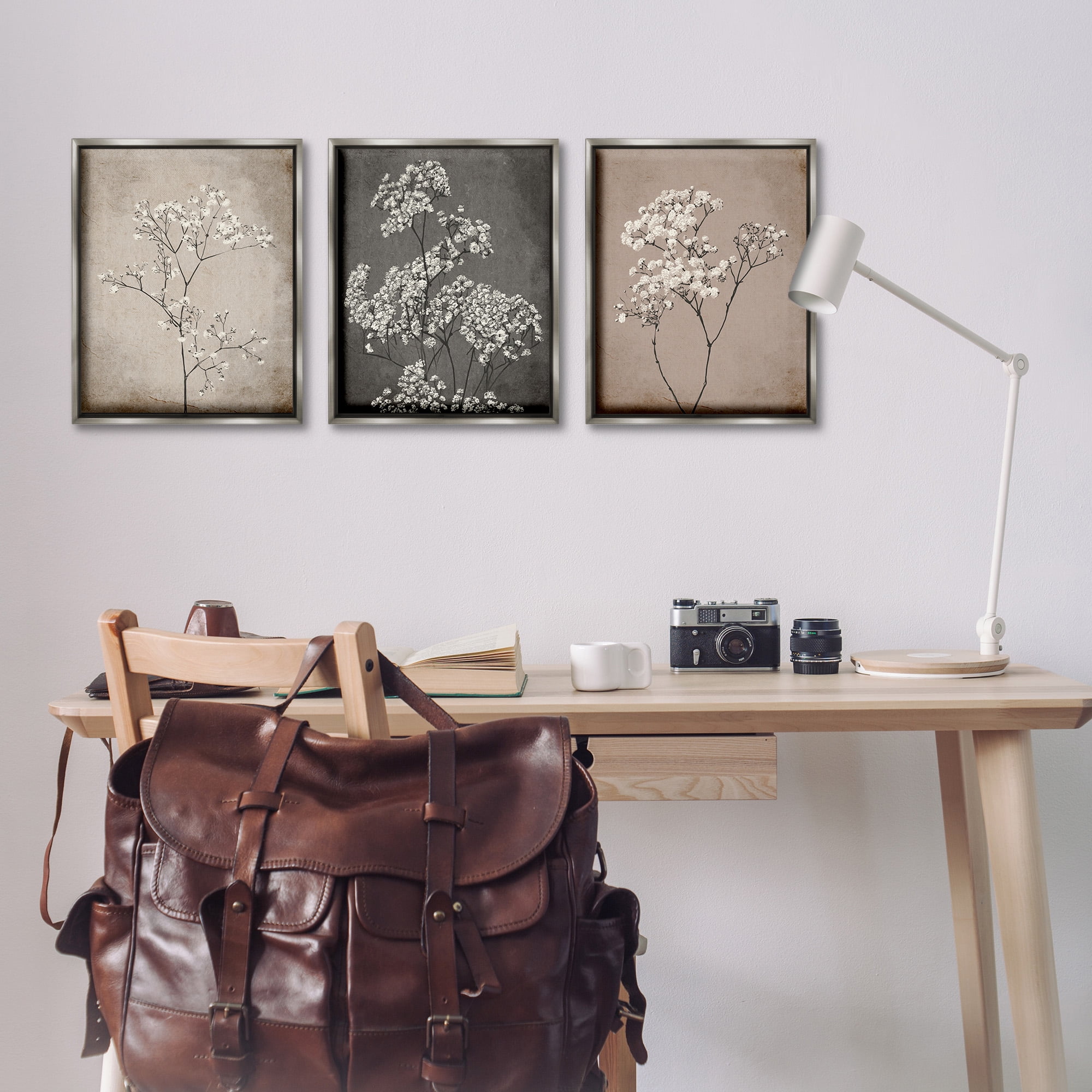 Stupell Industries Botanical Baby's Breath Herbs Botanical & Floral Painting Gray Floater Framed Canvas Art Print Wall Art, 17 x 21, Set of 3