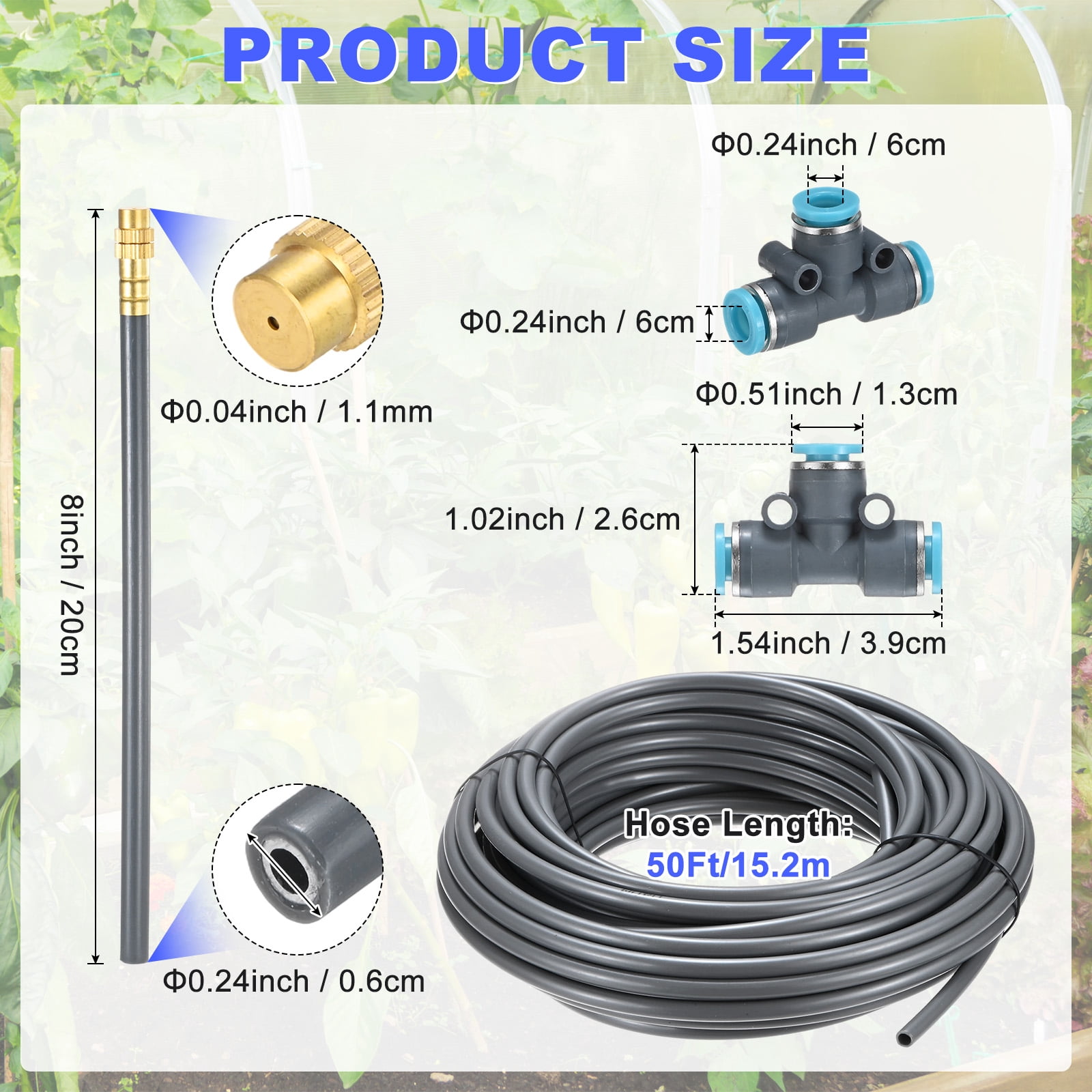 Uxcell 1-Set Drip Irrigation System, 50Ft 1/4" Hose Garden Watering Misting System with 12pcs 360° Adjustable Copper Nozzles