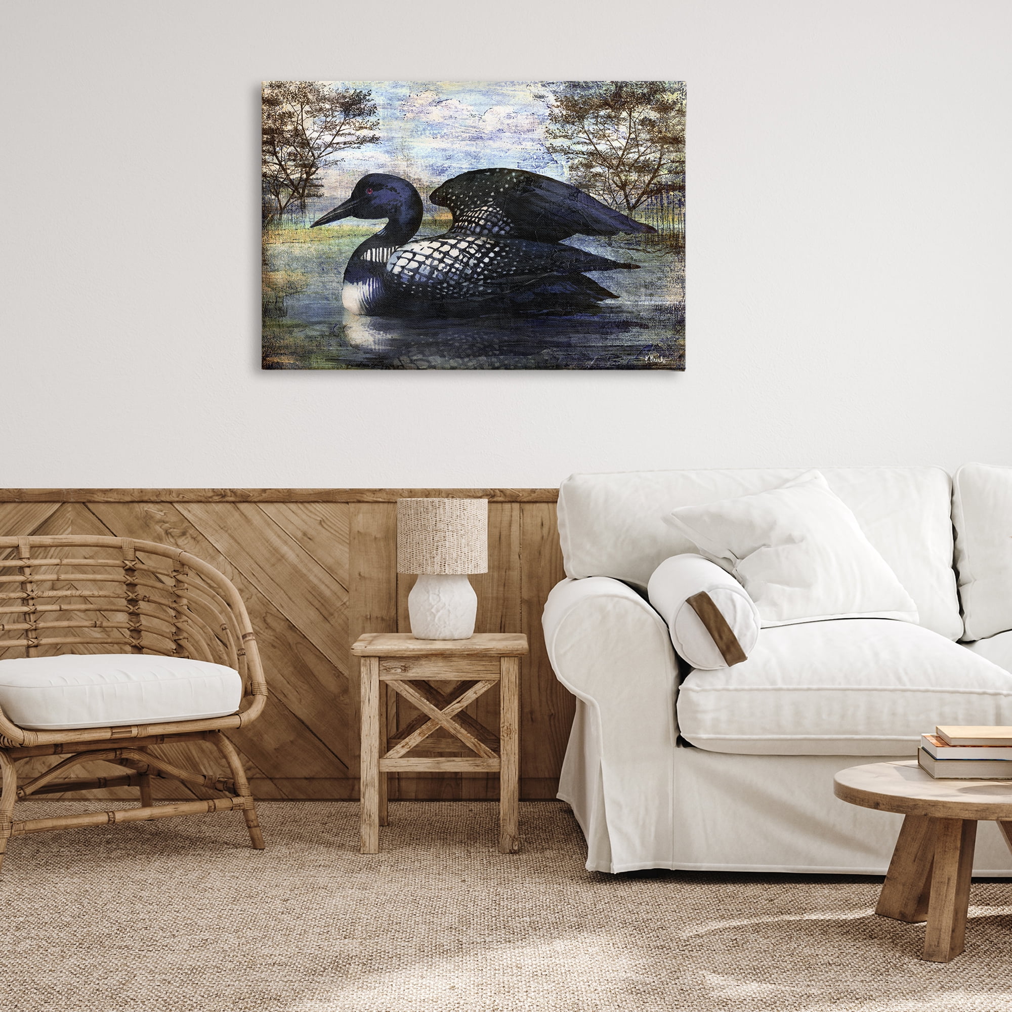 Stupell Industries Loon in Rustic Pond Animals Painting Wrapped Canvas Art Print Wall Art, 36 x 24