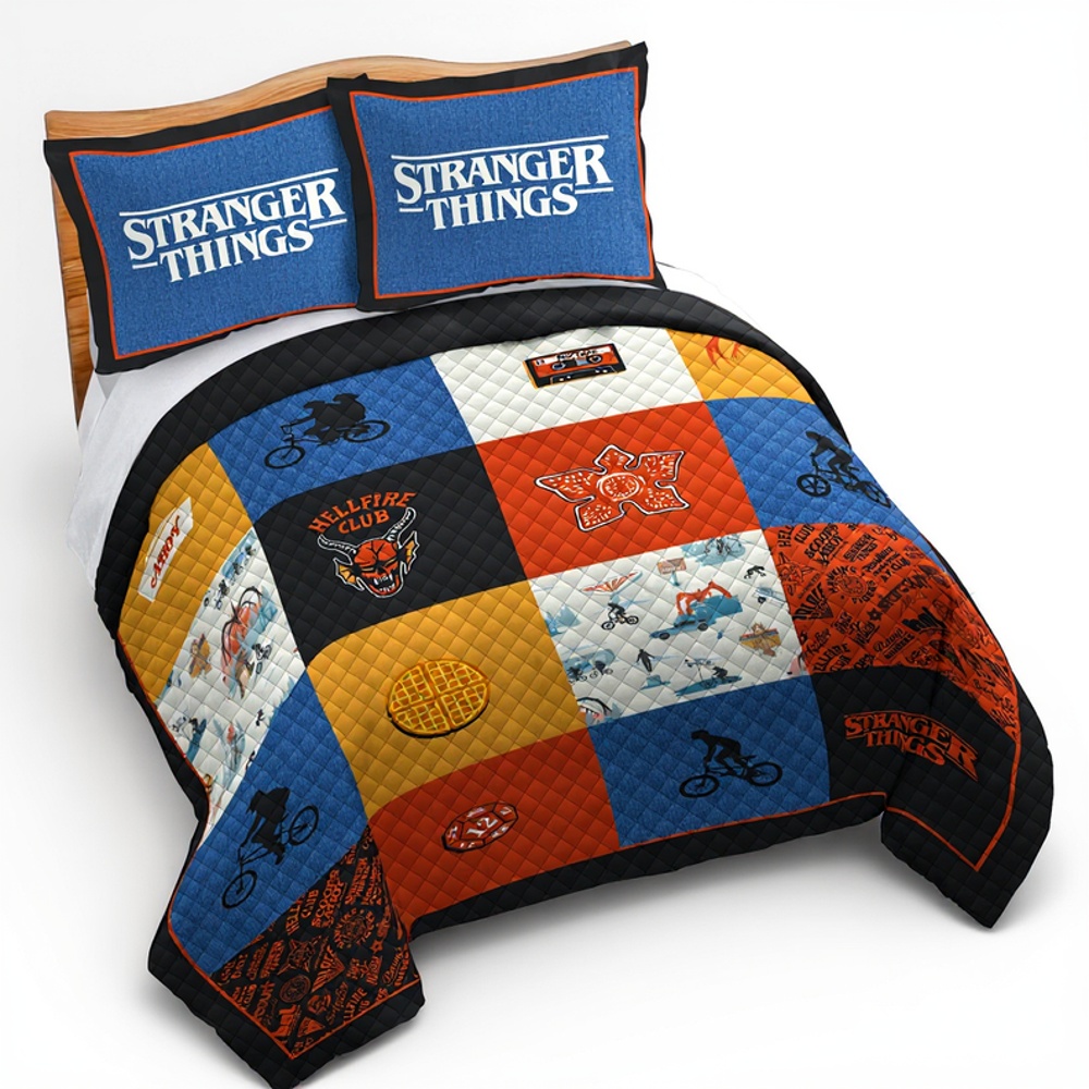 Netflix, Stranger Things Nostalgia Kids 3 Piece Multicolor Quilt and Sham Bedding Set, Queen