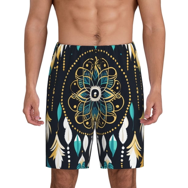 Balery Boho Dreamcatcher Pantalones cortos de pijama de punto de algodón para hombre con cinturilla y bolsillos-XX-Large