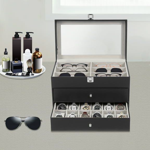 ToppiJoy Watch Box with 24 Compartments, Drawer Design for Eyeglasses and Watches, Soft Fleece Lining, Modern Black Color, Ideal Organizer for Home, Office, and Jewelry Storage