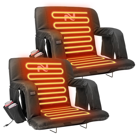 Slsy 2 pack 21'' Heated Stadium Seats for Bleachers with Back & Arm Support and Wide Cushion, Extra Portable 6 Reclinng Positions Bleacher Seat for Outdoor Camping Games Sports