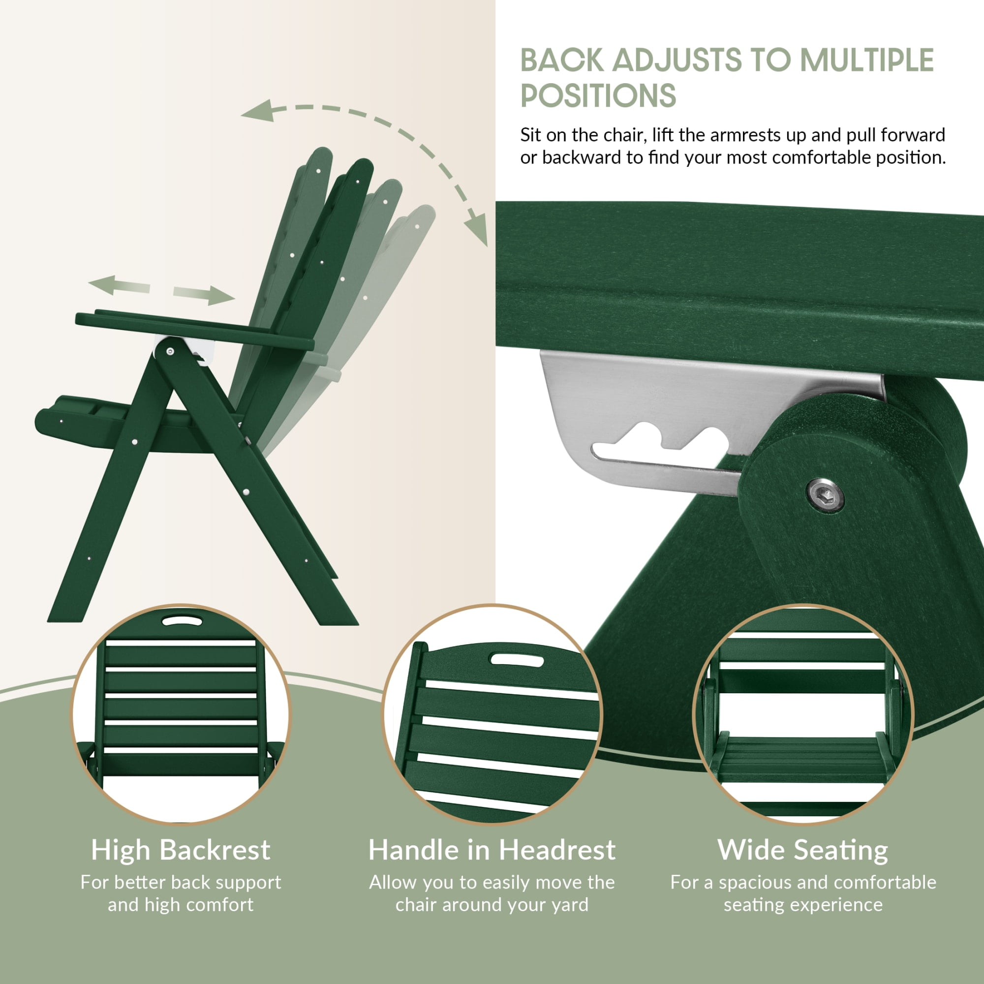 WestinTrends Malibu HDPE Adjustable Highback Folding Patio Dining Chair, Dark Green