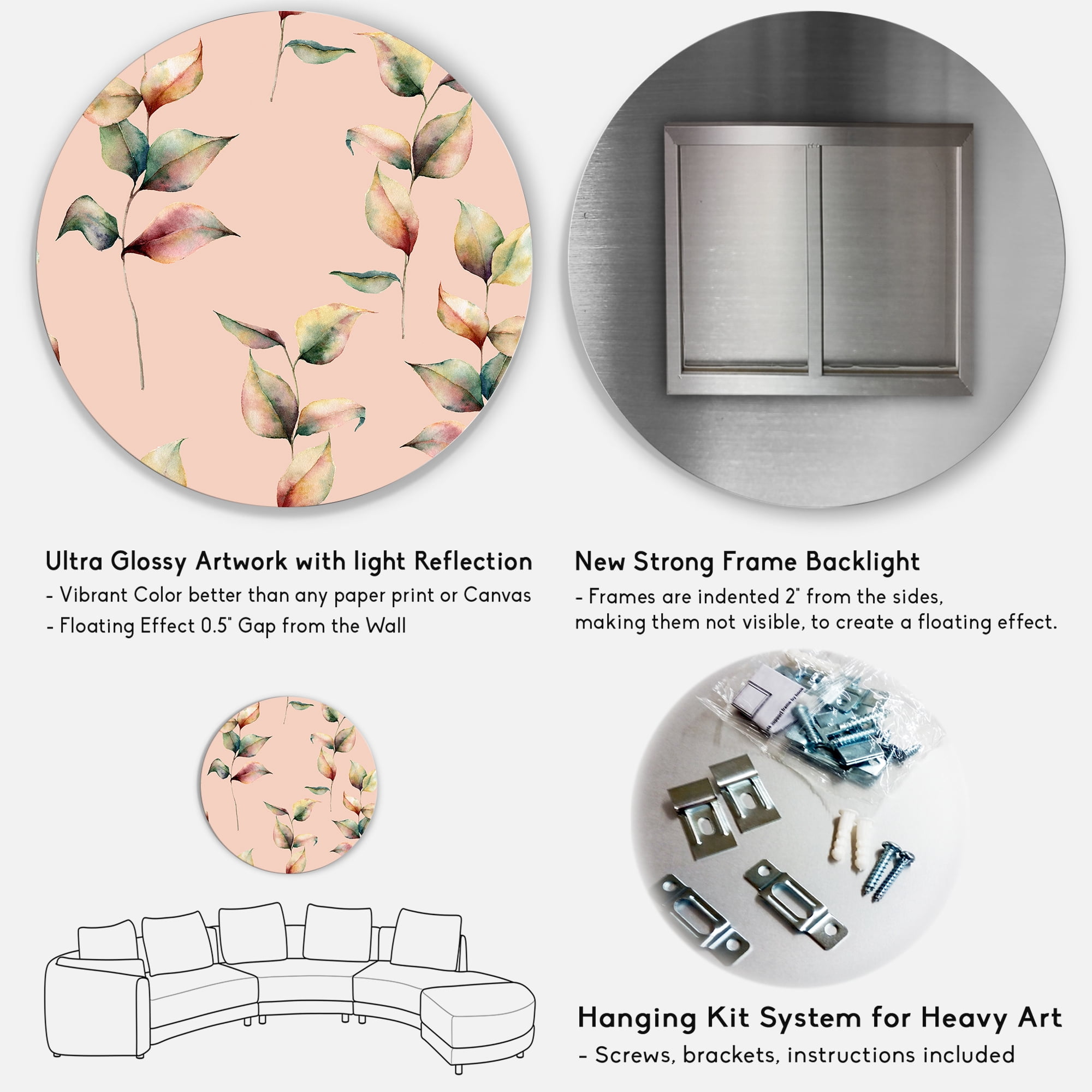 Designart 'Autumn Pink Leaves with Branch On Pastel Colors' Traditional Circle Metal Wall Art 11x11 - Disc of 11