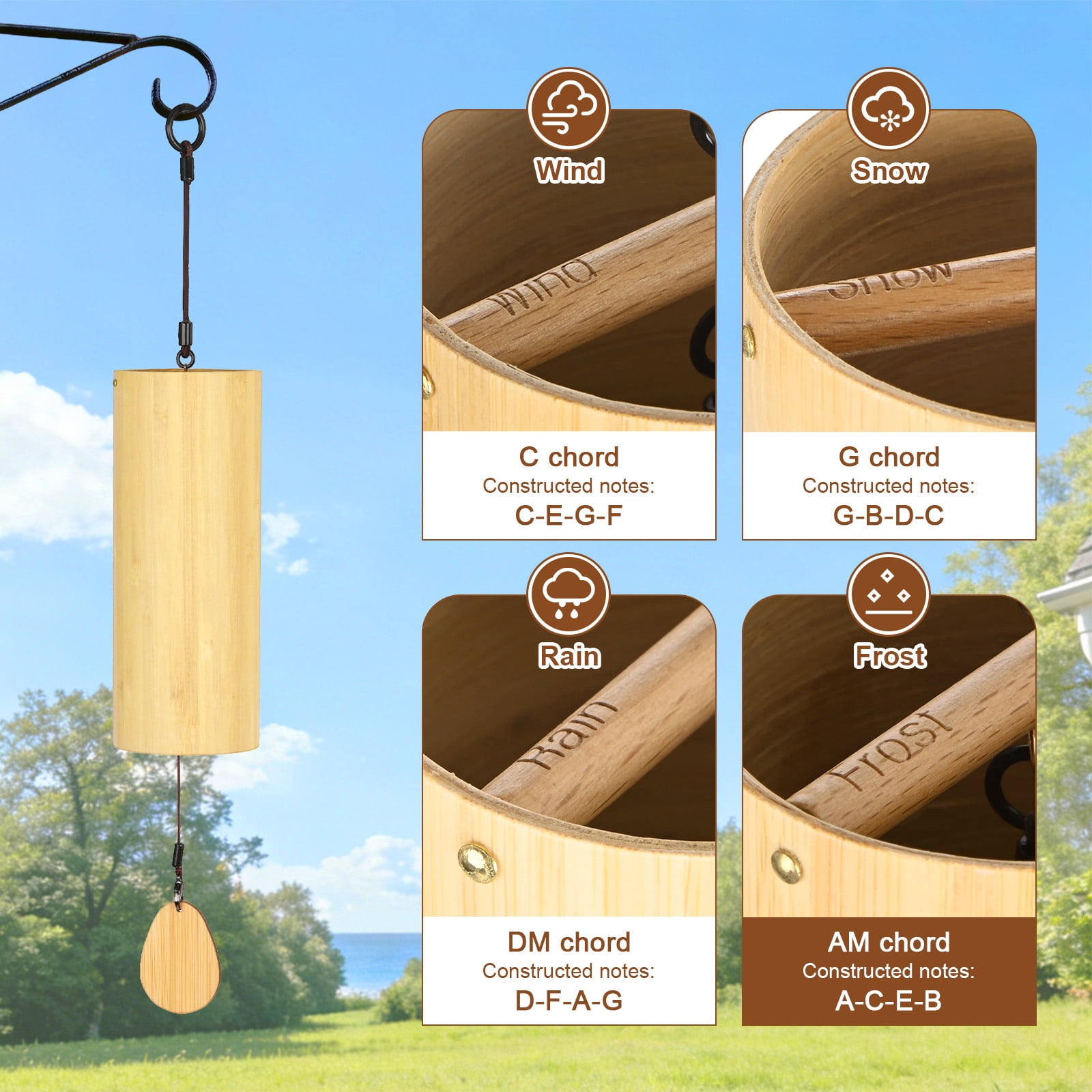 Uxcell Bamboo Wind Chimes for Meditation, Relaxing Emotions, Wooden Handcrafted Chimes for Unique Decor, Gardening Gift for Outdoor Decoration [Am Chord]