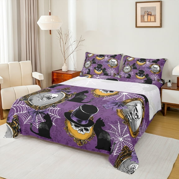 Manfei Dreamy Purple Halloween Twin Sheet Sets, Gothic Skeleton Twin Fitted Sheet, Cartoon Spider Web Flat Sheet, Microfiber Bedroom Decor, 3pcs