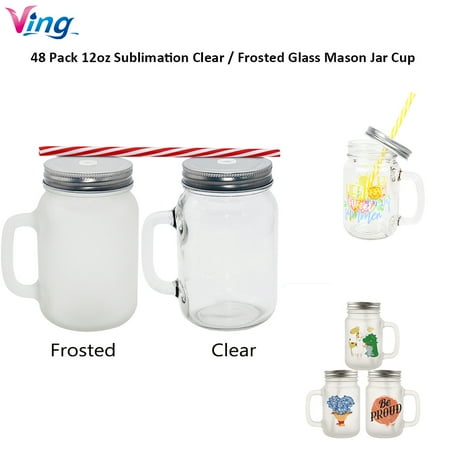 

VING 48 Pack 12oz Sublimation Blank Mason Jar Cup Glass Tumbler Bottle Mugs with Handle Metal Lids and Plastic Straws